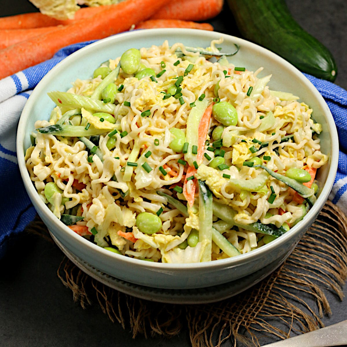 Noodle Salad with Tahini Dressing Noodle Salad with Tahini Dressing in a pale blue bowl.