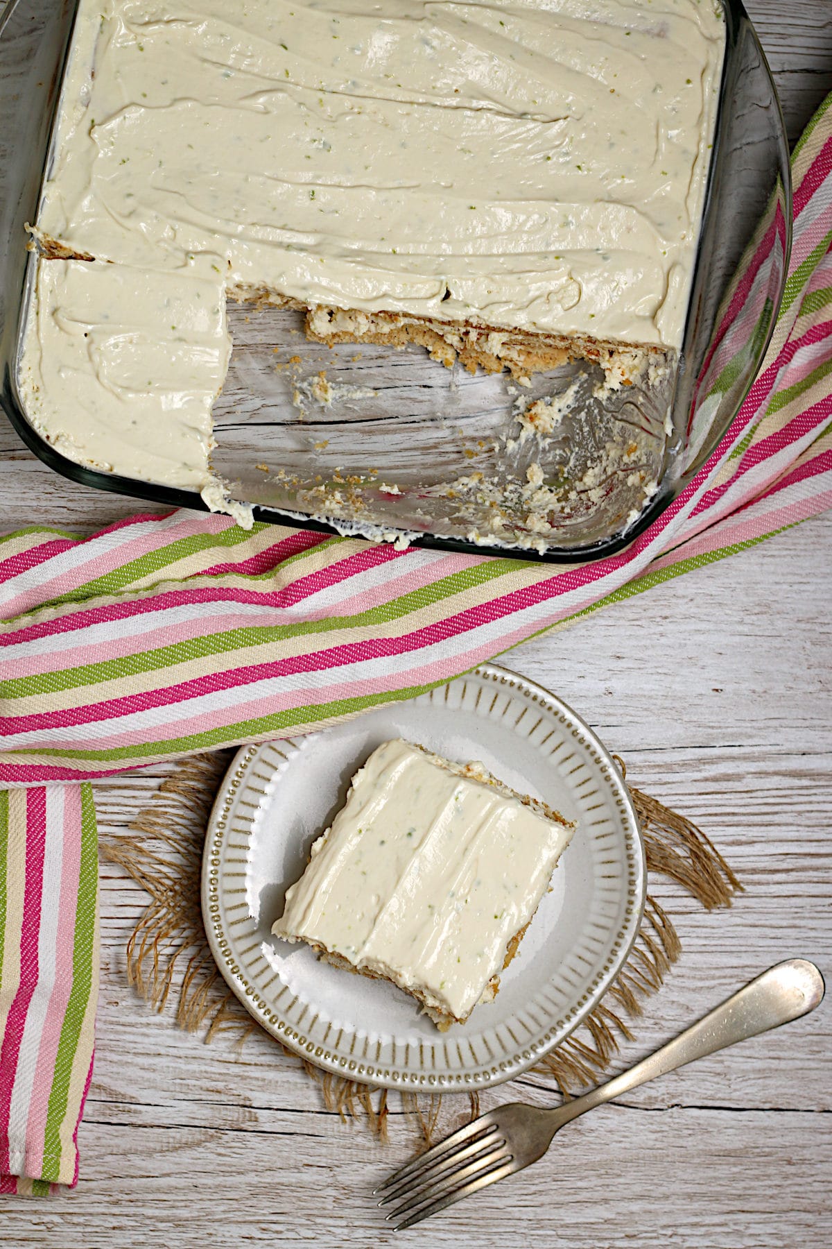 Easy 4 Ingredient Key Lime Icebox Cake An overhead photo of Key Lime Icebox Cake on a small white plate.