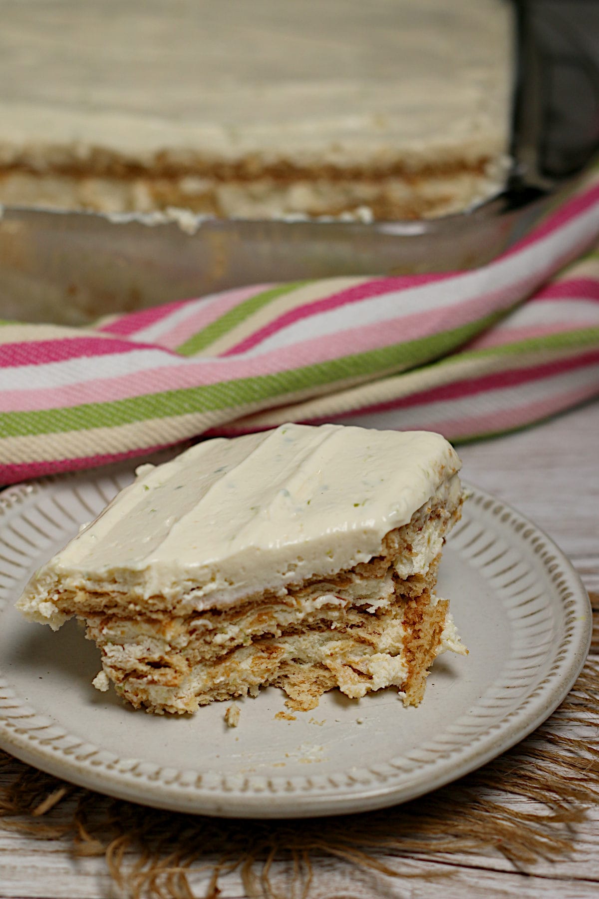 Easy 4 Ingredient Key Lime Icebox Cake A slice of Key Lime Icebox Cake on a small white plate.
