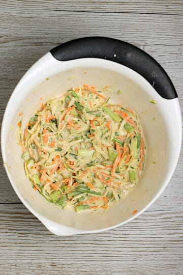 Korean Vegetable Pancake batter in a mixing bowl.
