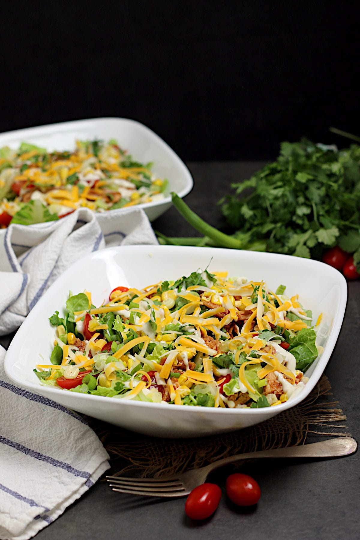 Barbecue Chicken Ranch Salad Barbecue Chicken Ranch Salad in a white bowl.