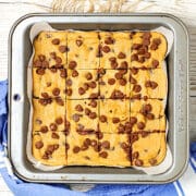 Flourless Chickpea Chocolate Chip Cookie Bars in a baking pan.