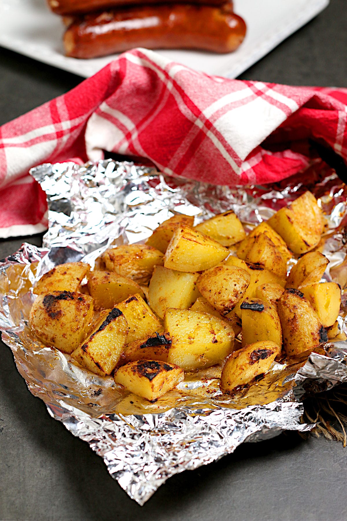 Grilled Foil Pack Potatoes on a piece of foil.