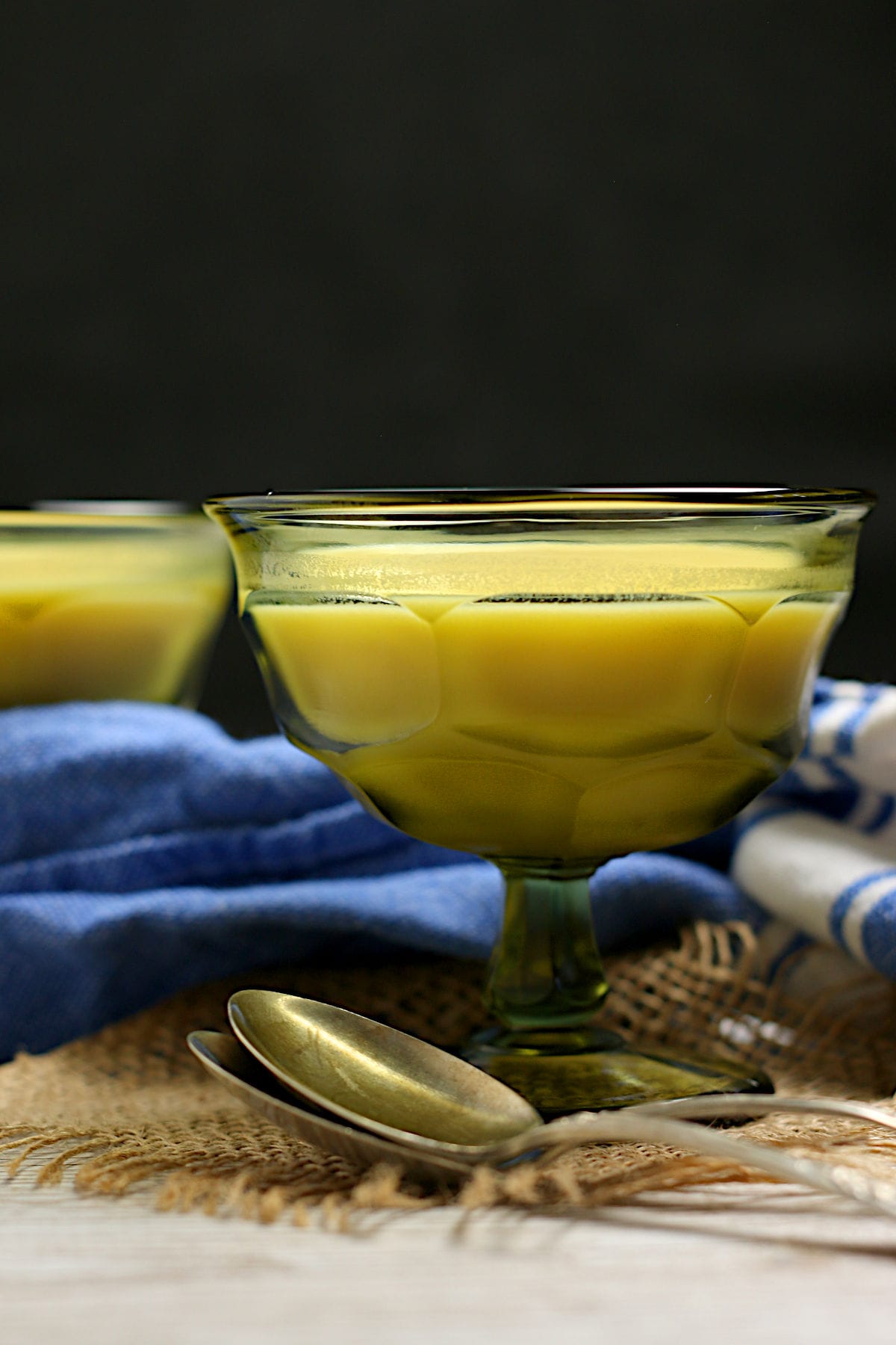 Mango Pudding in a small green dish.