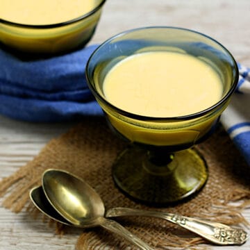 Mango Pudding in a small green dish.