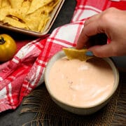 A hand dipping a tortilla chip in Cottage Cheese Queso.