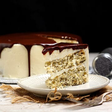 A slice of Poppyseed Sponge Cake with vanilla buttercream and chocolate ganache on a white plate.