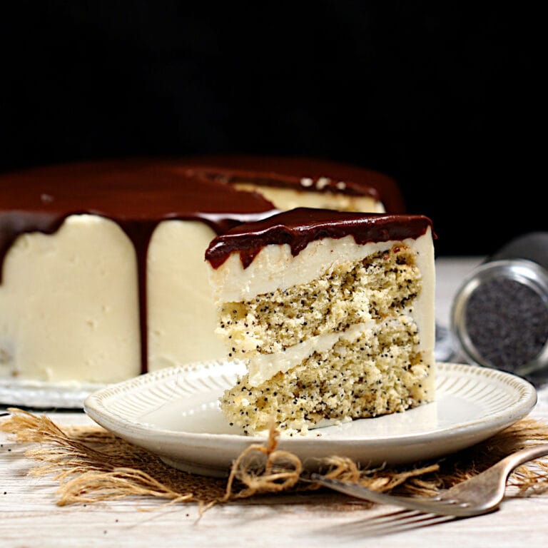 A slice of Poppyseed Sponge Cake with vanilla buttercream and chocolate ganache on a white plate.
