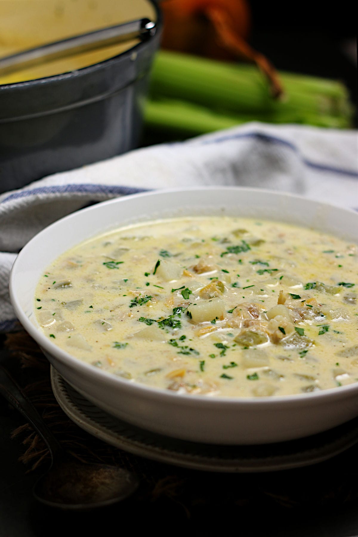 Easy New England Clam Chowder Soup in a white bowl.