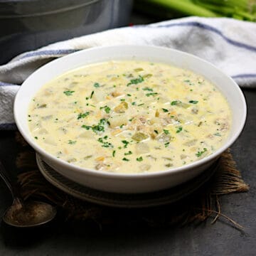 Easy New England Clam Chowder Soup in a white bowl.