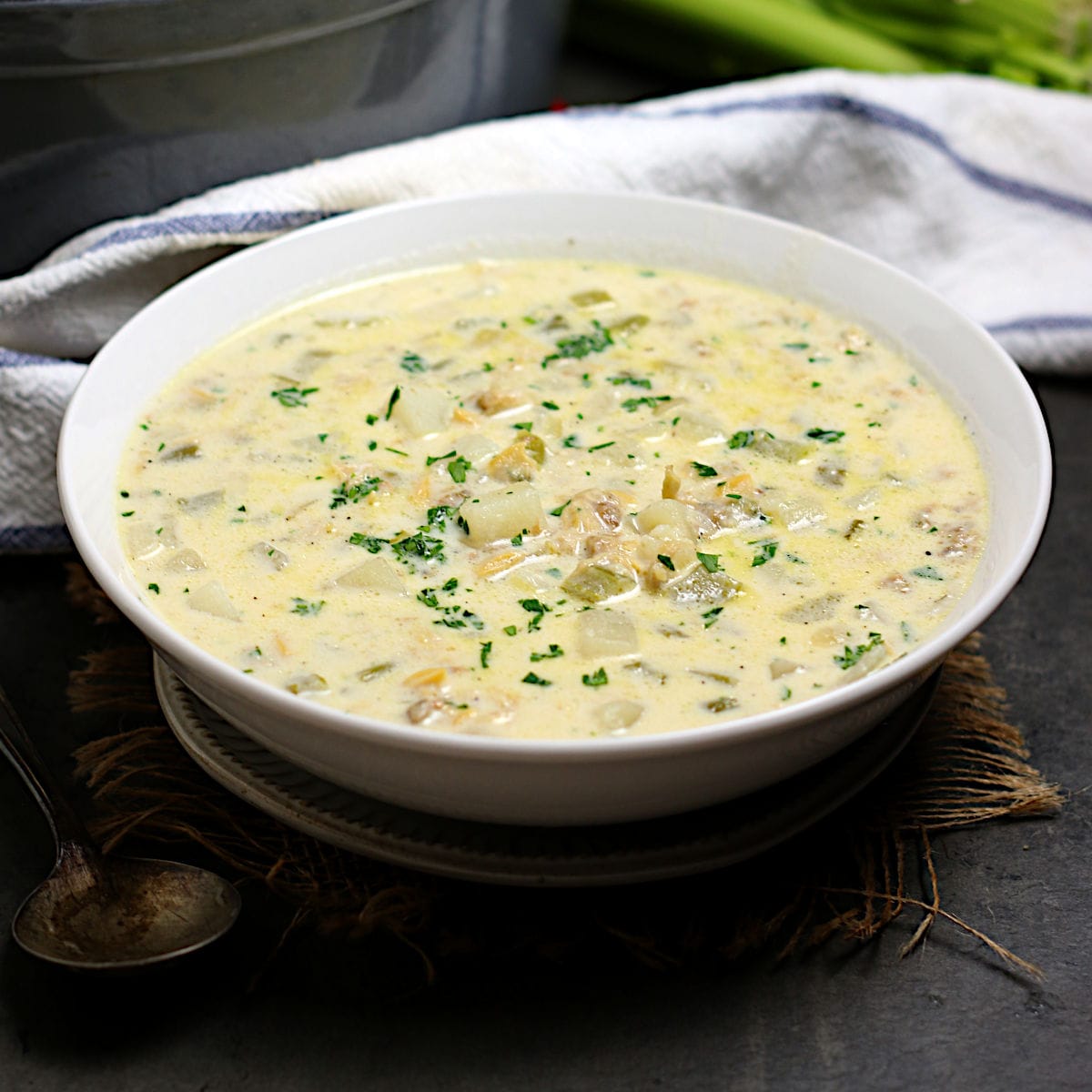 Easy New England Clam Chowder Soup in a white bowl.