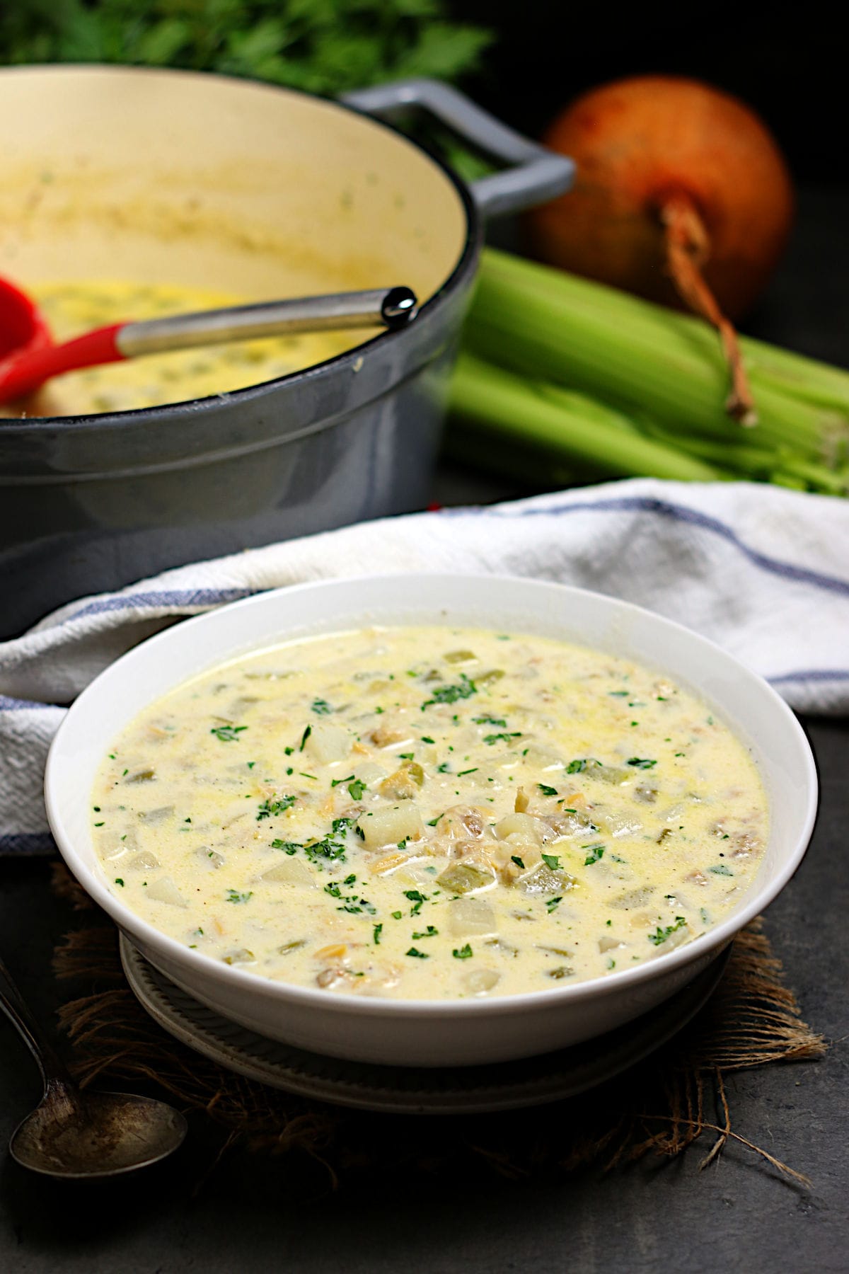 Easy New England Clam Chowder Soup in a white bowl.
