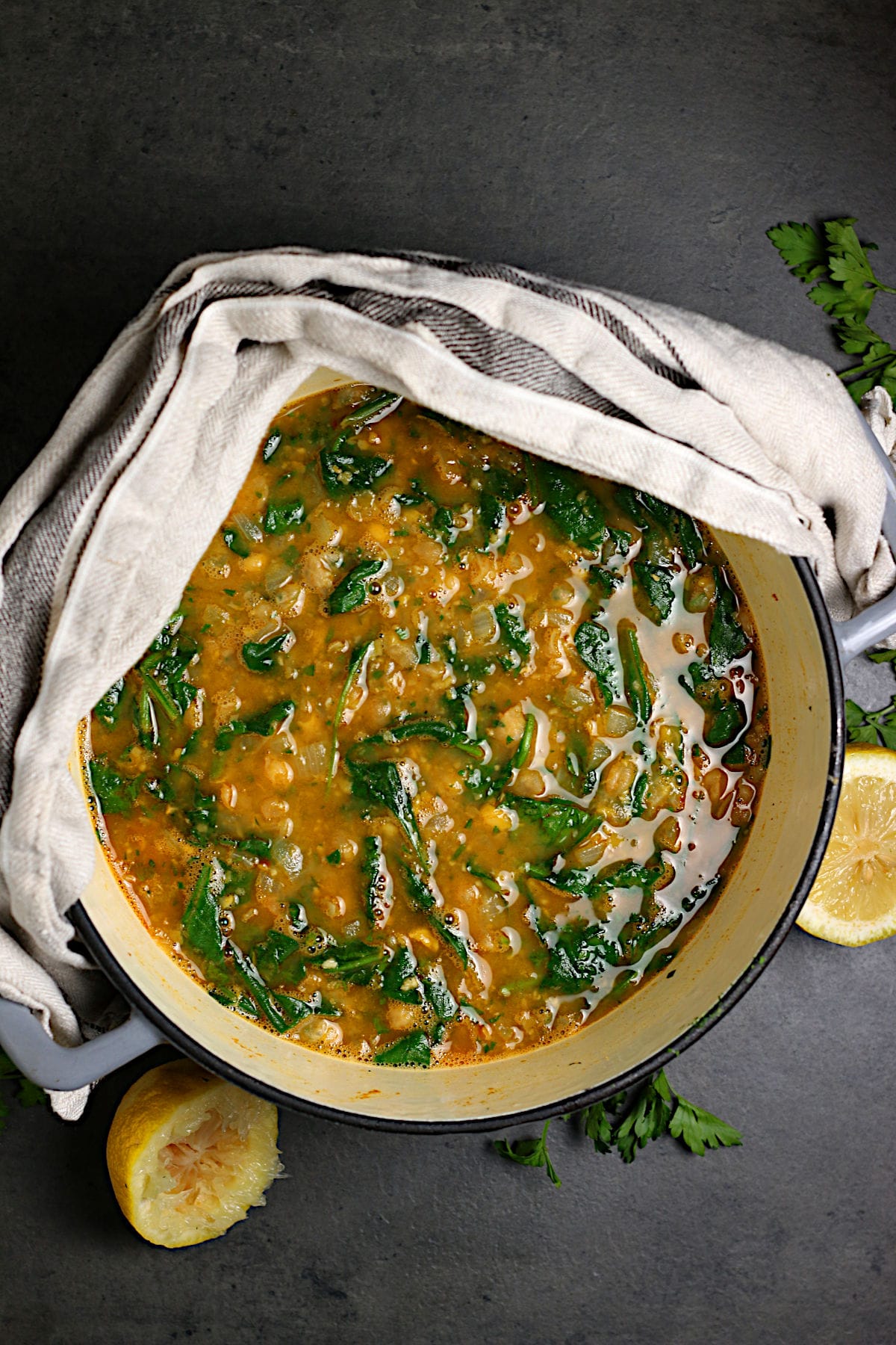 Chickpea Soup with Spinach and Garlic in a Dutch oven.