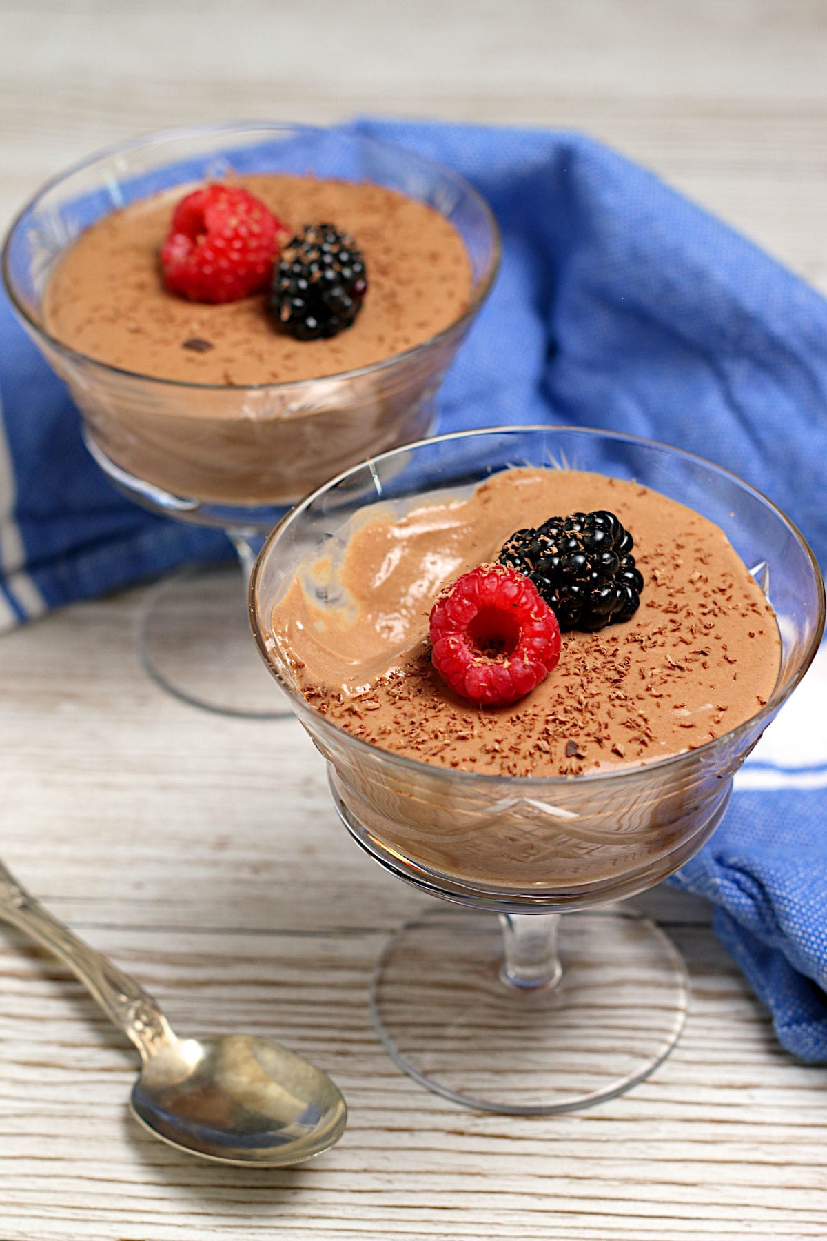 Cottage Cheese Chocolate Mousse A crystal goblet of Cottage Cheese Chocolate Mousse with a spoonful missing.