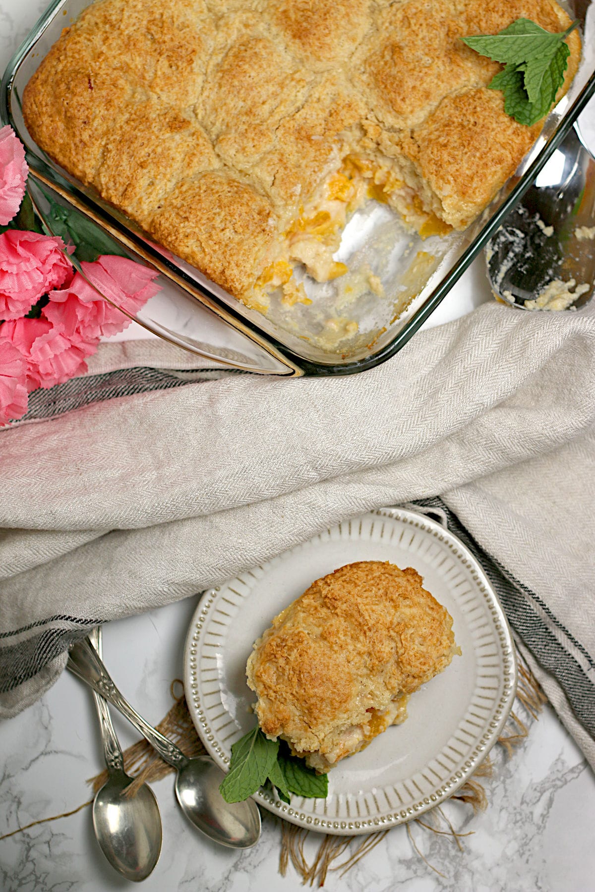 An overhead photo of Peaches and Cream Cobbler.
