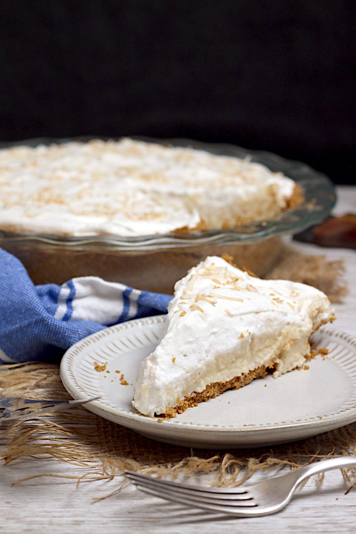 Coconut Cream Pie A slice of Coconut Cream Pie on a small white plate.