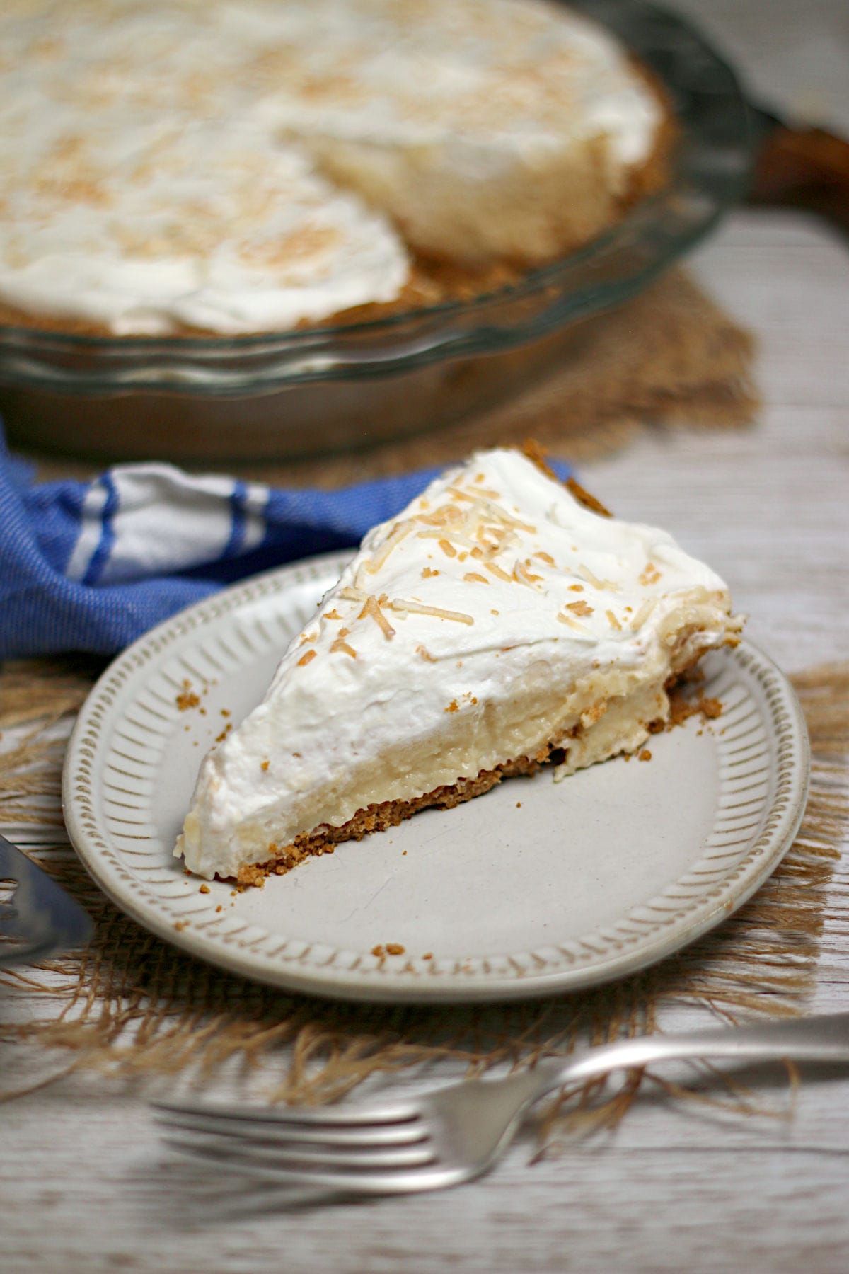 Coconut Cream Pie A slice of Coconut Cream Pie on a small white plate.