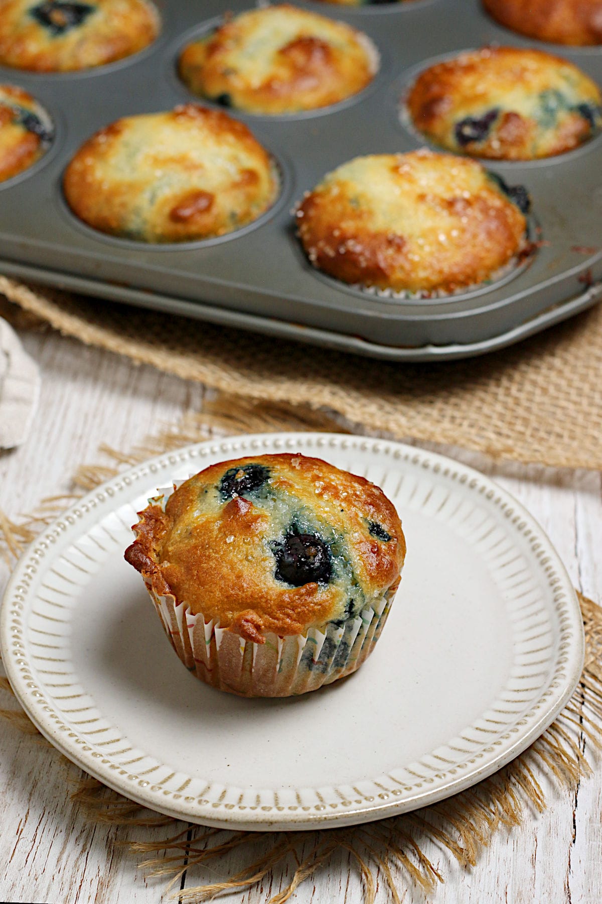 Blueberry Greek Yogurt Muffins A Blueberry Greek Yogurt Muffin on a small white plate.