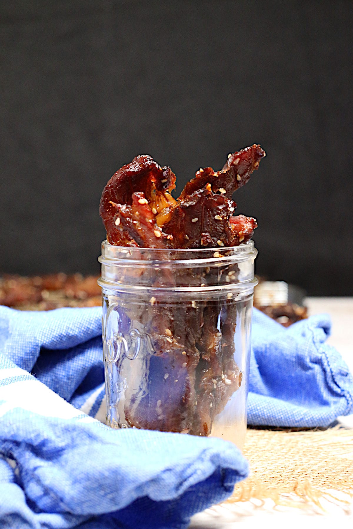 Korean BBQ Pork Jerky Korean BBQ Pork Jerky in a glass jar.