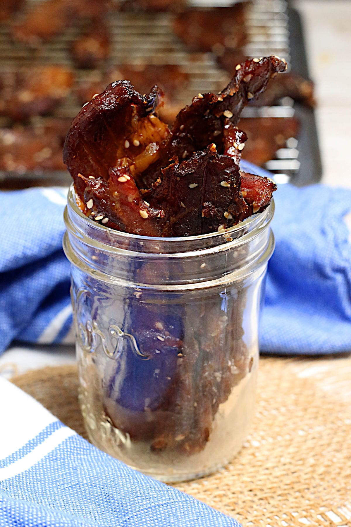 Korean BBQ Pork Jerky Korean BBQ Pork Jerky in a glass jar.